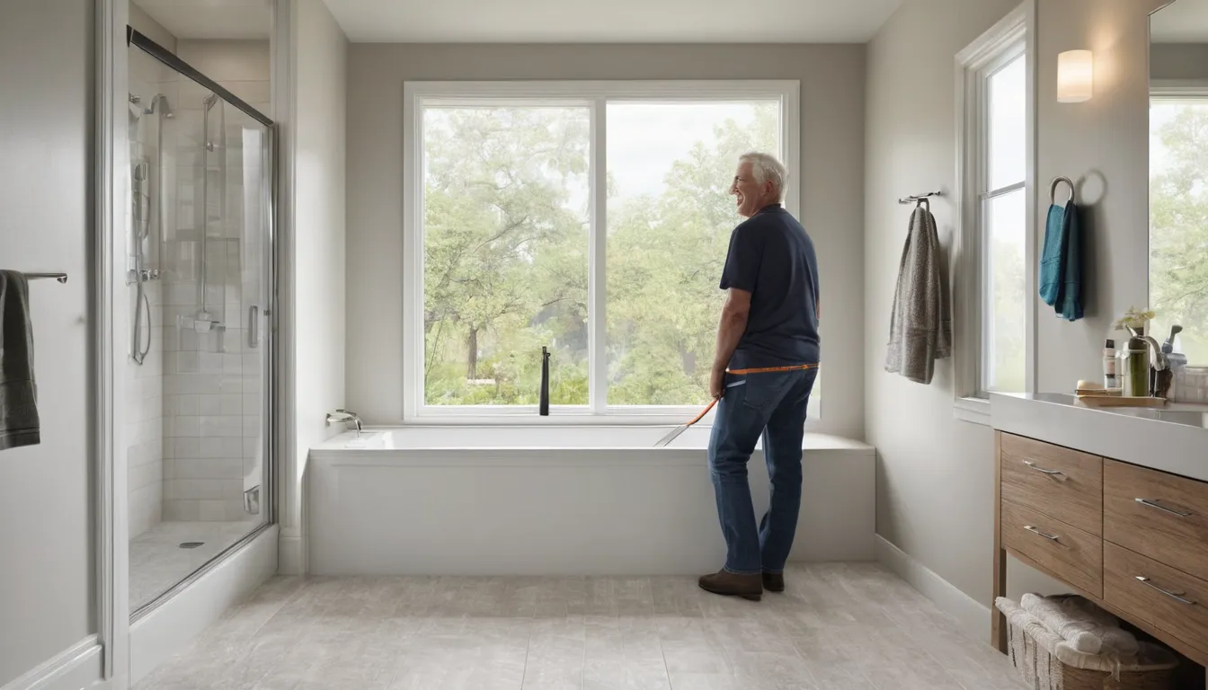 Senior homeowner smiling beside a walk-in tub in a bright bathroom in Philadelphia